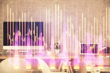 Multi exposure of financial graph drawing and office interior background. Concept of market analysis.