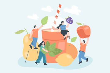 Happy tiny people drinking sweet juice cocktail or smoothie. Male and female funny characters with glass cup of fresh drink, straw and fruits flat vector illustration. Summer party, nutrition concept
