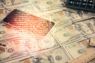 Double exposure of brain drawing over us dollars bill background. Technology concept.