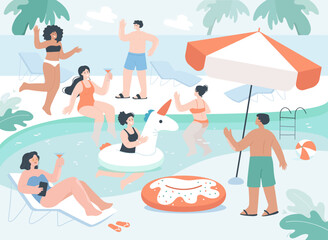 Obraz na płótnie Canvas Fun summer pool party of happy people in colorful swimwears. Dance and relax of male and female characters, girl with inflatable ring floating on water flat vector illustration. Vacation concept