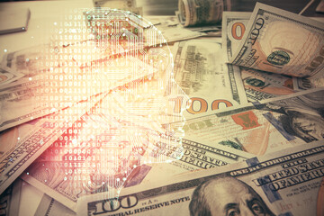 Double exposure of brain drawing over us dollars bill background. Technology concept.