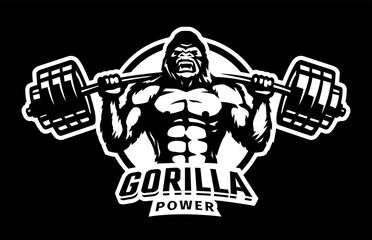 Gorilla with a barbell . Bodybuilding and fitness logo on a dark background. Vector illustration.
