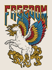 Pegasus with Colourful Wings and Freedom Slogan on White Background For Apparel and Other Uses