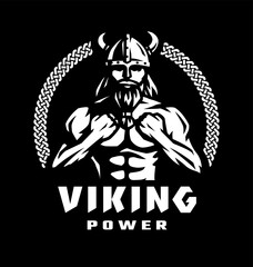 Viking power. Emblem with a silhouette of a warrior on a dark background. Vector illustration.