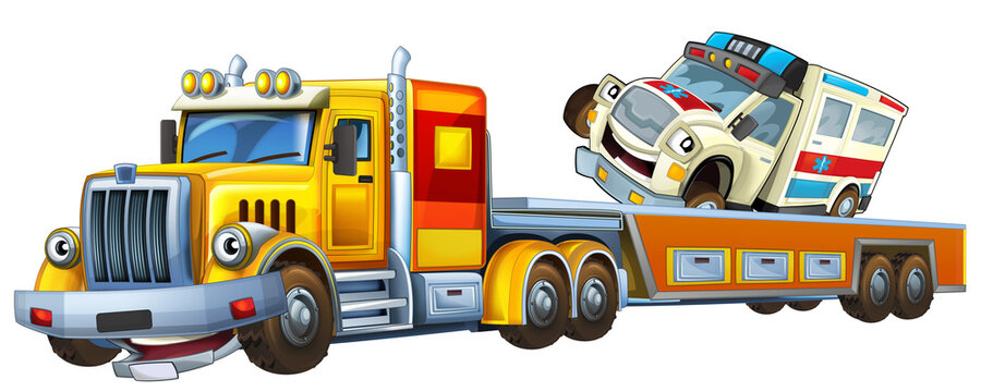 cartoon tow truck driving with load ambulance car