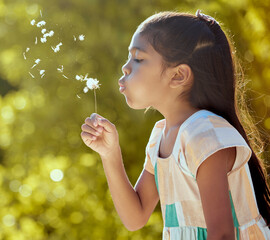 Girl, child and nature dandelion flower blowing for wish, dream and magic in garden on vacation in...