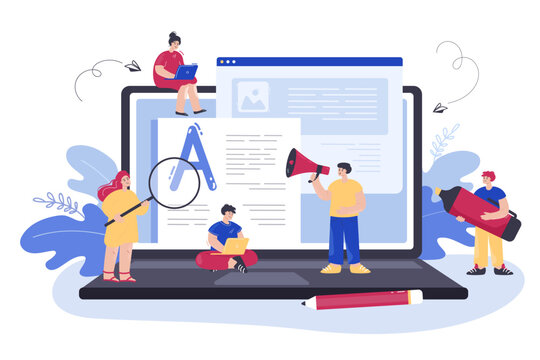 Tiny content writers on huge laptop flat vector illustration. Freelancers typing on computer, writing creative article for blog. Authors working together on internet. SEO, business, marketing concept