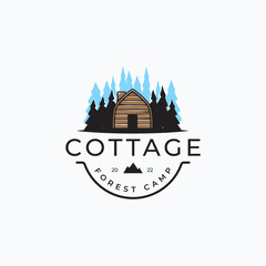 Vintage forest cottage logo vector illustration design. Simple wood cabin rentals logo concept. Mountain vacation house on the pine trees background.