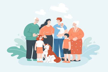 Generations of big happy family with dog gathering together. Cute portrait of old and young couples of female or male people, adults and children standing in row flat vector illustration. Love concept
