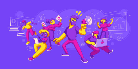 Seo analytics team, marketing contemporary characters with laptop, loudspeaker, tablet and magnifier. Search engine optimization company, men and women employees, Cartoon linear vector illustration