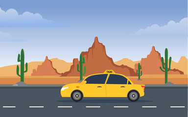 Taxi on road in the desert background for banner templates online taxi services
