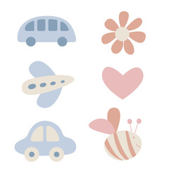 Set of cute baby objects in minimalistic flat style. Vector illustration of child's symbols and toys. Welcome, baby. Cartoon kid clipart. Newborn.