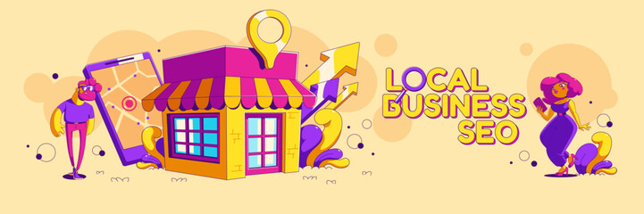 Obraz premium Local business seo, optimization banner with contemporary client characters at store building, tablet with map, location pin and arrows. Market strategy campaign, Cartoon linear vector illustration