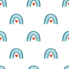 Vector flat hand drawn seamless pattern with cute rainbows. Flat vector hippy boho illustration