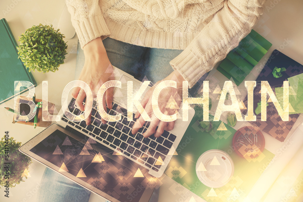 Poster double exposure of woman hands working on computer and blockchain theme hologram drawing. top view. 