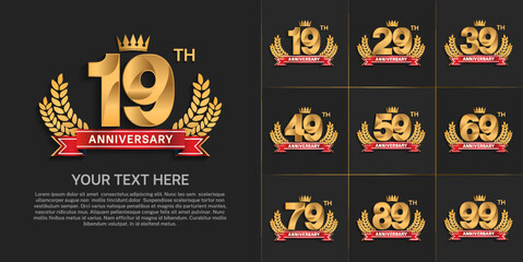 set of anniversary with golden color and vintage theme can be use for celebration event