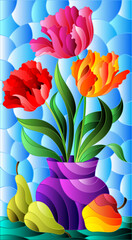Illustration in a stained glass style with a floral still life, a vase with bright tulips, pears and an Apple on a blue background , rectangular illustration