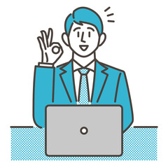 Young male businessman looking at laptop computer, smiling and signing OK [Vector illustration].