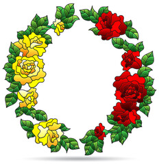 Illustration in the style of a stained glass window with a floral wreath of roses, isolated on a white background