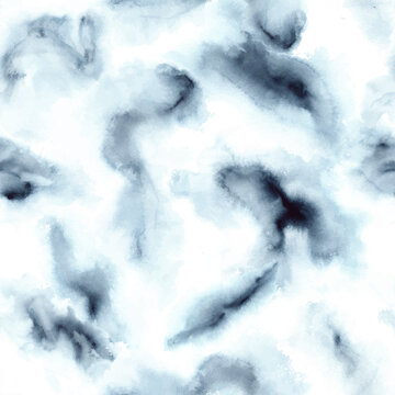 Watercolor wash seamless pattern. Abstract blue tie dye spots. Endless print for fabric, wallpaper, clothes.