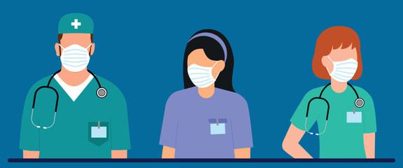 hospital paramedics team wear in masks illustration and vector