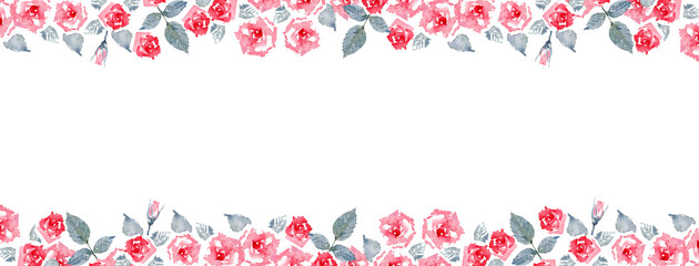 Red Climbing Rose "Etoile de Hollande". Facebook cover Template. Web banner design for ads and social media.  Watercolor illustration