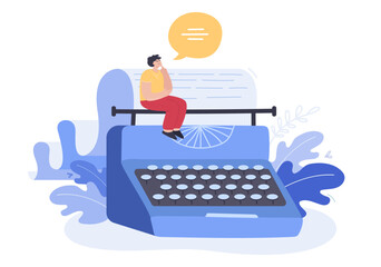Screenwriter writing screenplay for movie or theater play. Tiny male author sitting on vintage typewriter with paper, playwright thinking about text flat vector illustration. Scenario, art concept - obrazy, fototapety, plakaty