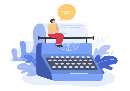 Screenwriter writing screenplay for movie or theater play. Tiny male author sitting on vintage typewriter with paper, playwright thinking about text flat vector illustration. Scenario, art concept