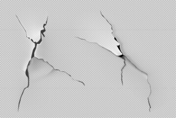 Crack of paint or paper isolated on transparent background. Closeup view of badly fixed building facade wall covered with gaps in stucco with flappy peeling edges Realistic 3d vector illustration