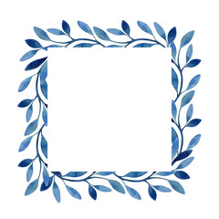 Watercolor botanical frame with deep blue branches. Hand drawn template with indigo greenery for cards and wedding invitations.