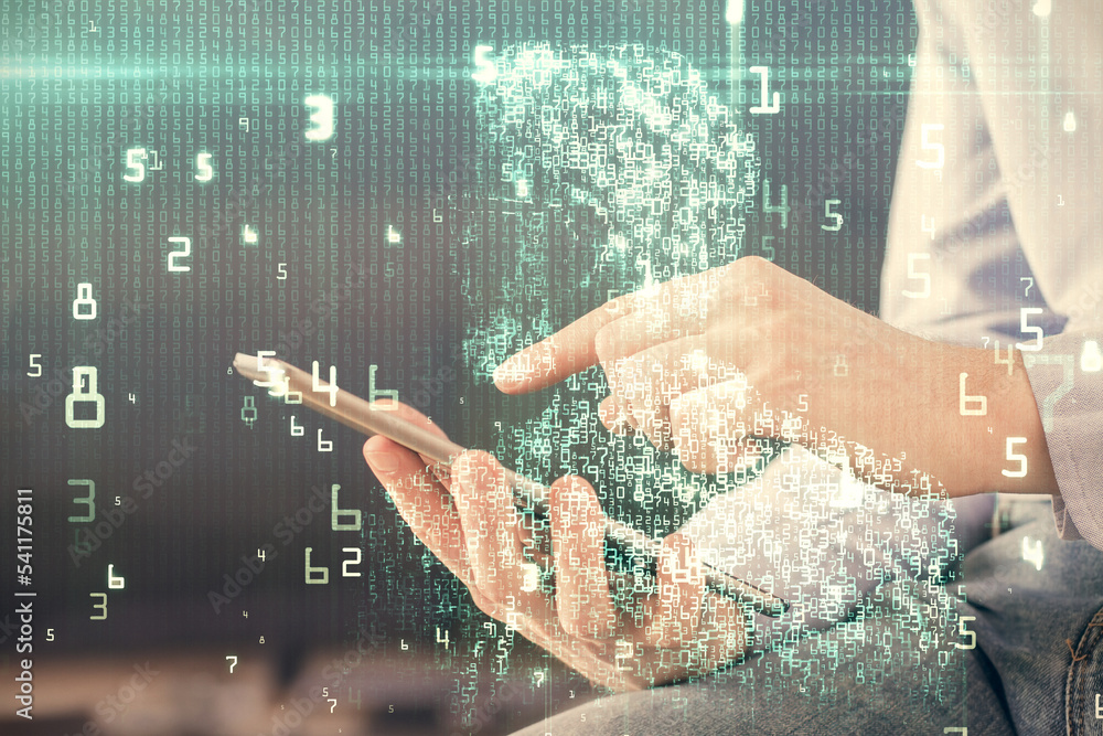 Poster multi exposure of man's hand holding and using a digital device and data theme drawing. innovation c
