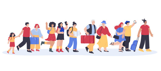 Fototapeta na wymiar Tiny tourists walking together flat vector illustration. Elderly couple with suitcase, happy women taking selfie, family with kid and girl with map arriving in city. Journey, trip, travel concept