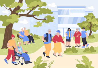 Park near nursing home with elder patients and visitors. Group of old people walking, nurse carrying senior man in wheelchair flat vector illustration. Sanatorium treatment, elderly care concept - obrazy, fototapety, plakaty