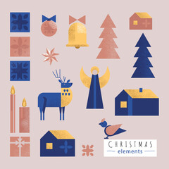 Christmas elements. Vector New Year's set. Winter, Christmas, angel, cottage, deer, snowflakes and other illustrations.