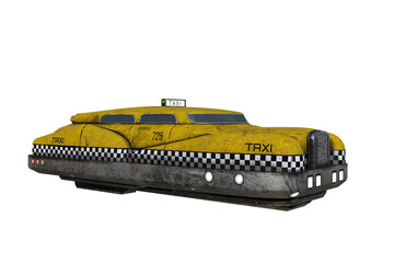 A futuristic flying yellow taxi cab. 3D illustration isolated on transparent background. - obrazy, fototapety, plakaty