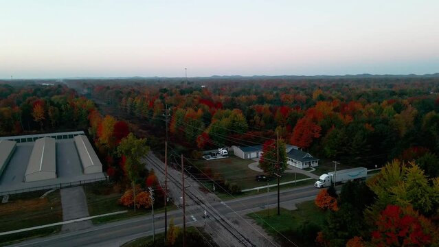 Deep Fall colors lining a railroad track in Muskegon, Michigan.