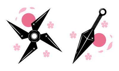 Ninja weapon kunai blade and shuriken star with pink petal sakura flowers circle sun japanese style flat vector icon design.