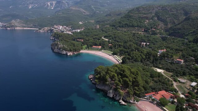 Aerial View of King's Beach and Royal Residence in Milocer, Montenegro, Drone Shot