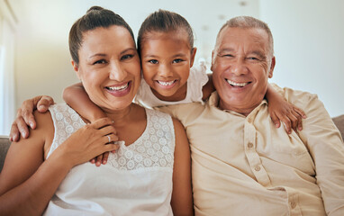 Family, portrait and grandmother with grandfather hug in home with excited and happy grandchild....