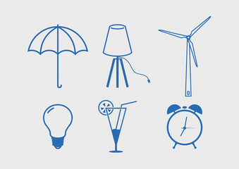 Set of different flat icons, wind energy, lamp, light bulb, umbrella, cocktail and clock