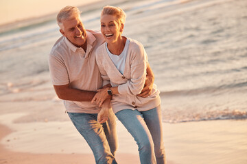 Couple, retirement and travel to the beach, hug and love, fun together and spending quality time...