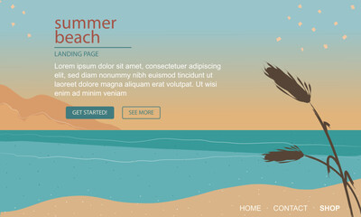 Summer landing page layout for web design. Simple and flat style sea and beach illustration in blue colors with canes and mountains, vectored and textured. For website, backgrounds or app. 