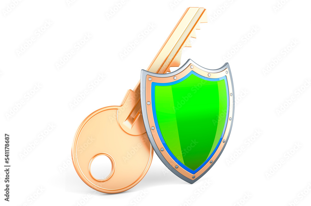 Poster key with shield, 3d rendering