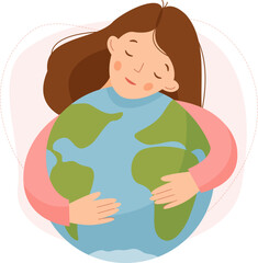 Cute girl hugs the globe with her hands. A woman loves the world. Earth Day. Peace. Vector flat illustration.