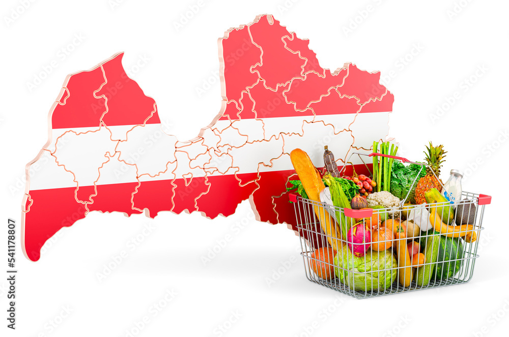 Poster purchasing power and market basket in latvia concept. shopping basket with latvian map, 3d rendering
