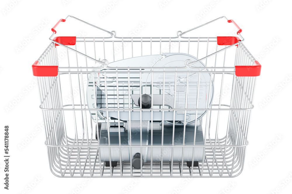 Poster shopping basket with slicing machine, 3d rendering