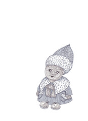 Little girl in the costume of the Snow Maiden. Monochrome sketch