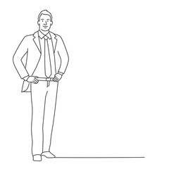 Successful businessman keeps his hands on his belt, office worker.