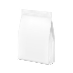 Bag with flat bottom and gusseted edge mockup. Vector illustration isolated on white background. Half side view. Can be use for your design, presentation, promo, ad. EPS10.	