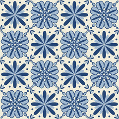 Blue indigo flower pattern on ceramic tiles, vector illustration for design and decoration